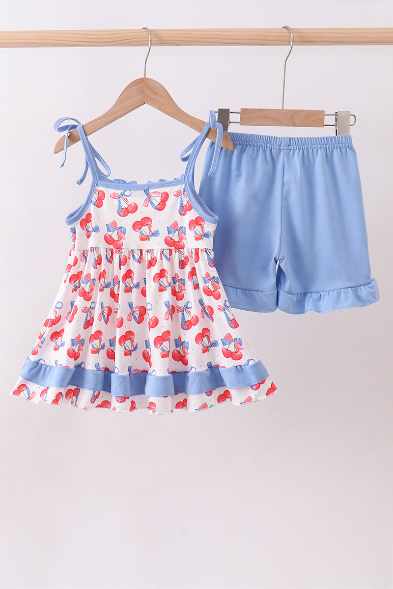 Blue cherry smocked ruffle shorts set