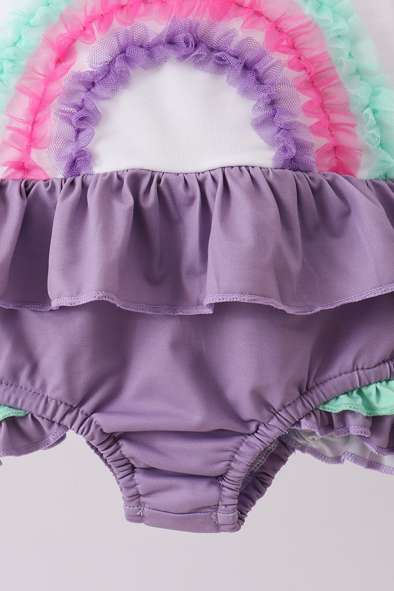Purple lace rainbow ruffle one-piece swimsuit