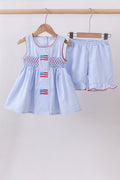 Blue flag smocked woven gingham ruffle shorts set