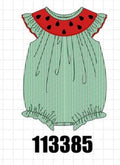 GREEN WATERMELON STRIPE SMOCKED EMBROIDERED SEERSUCKER BUBBLE