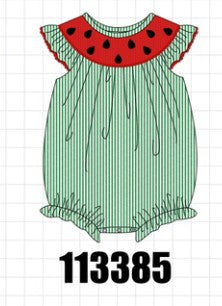 GREEN WATERMELON STRIPE SMOCKED EMBROIDERED SEERSUCKER BUBBLE