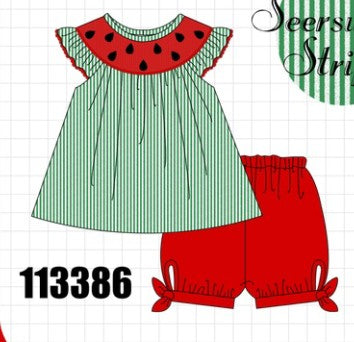 GREEN WATERMELON STRIPE SMOCKED EMBROIDERED SEERSUCKER SET