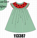 GREEN WATERMELON STRIPE SMOCKED EMBROIDERED SEERSUCKER DRESS