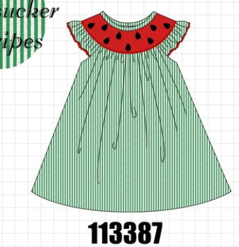 GREEN WATERMELON STRIPE SMOCKED EMBROIDERED SEERSUCKER DRESS