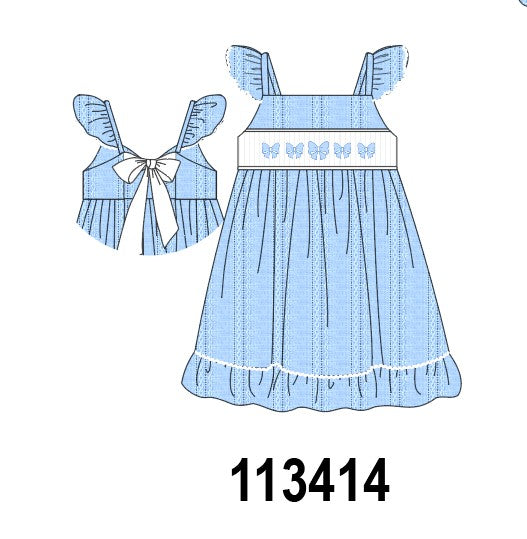 BLUE BOW SMOCKED EMBROIDERED JACQUARD DRESS