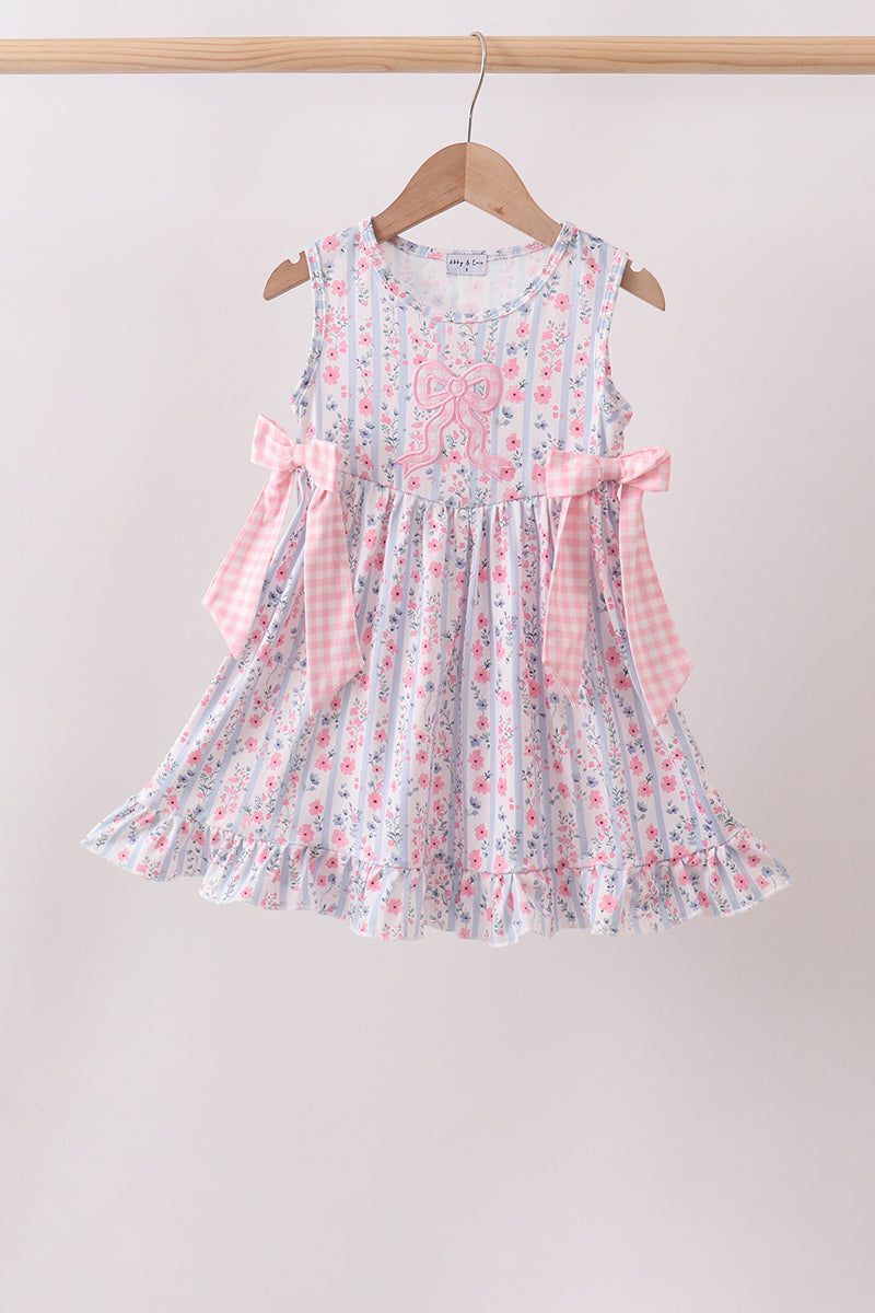 PINK FLORAL BOW APPLIQUE BOW DRESS