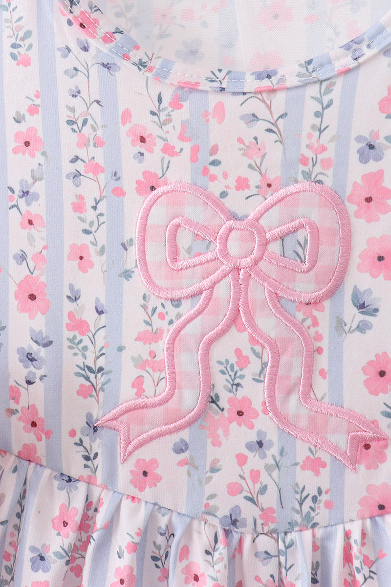 PINK FLORAL BOW APPLIQUE BOW DRESS