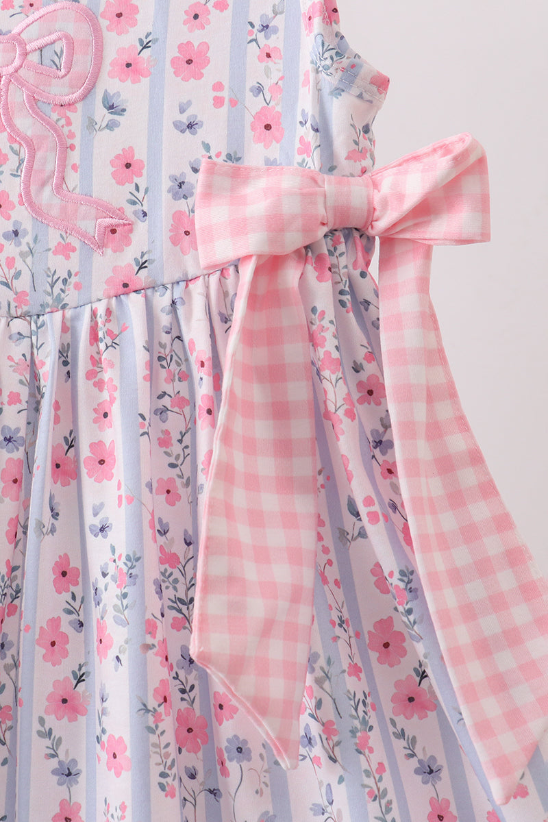 PINK FLORAL BOW APPLIQUE BOW DRESS