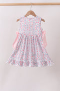 PINK FLORAL BOW APPLIQUE BOW DRESS