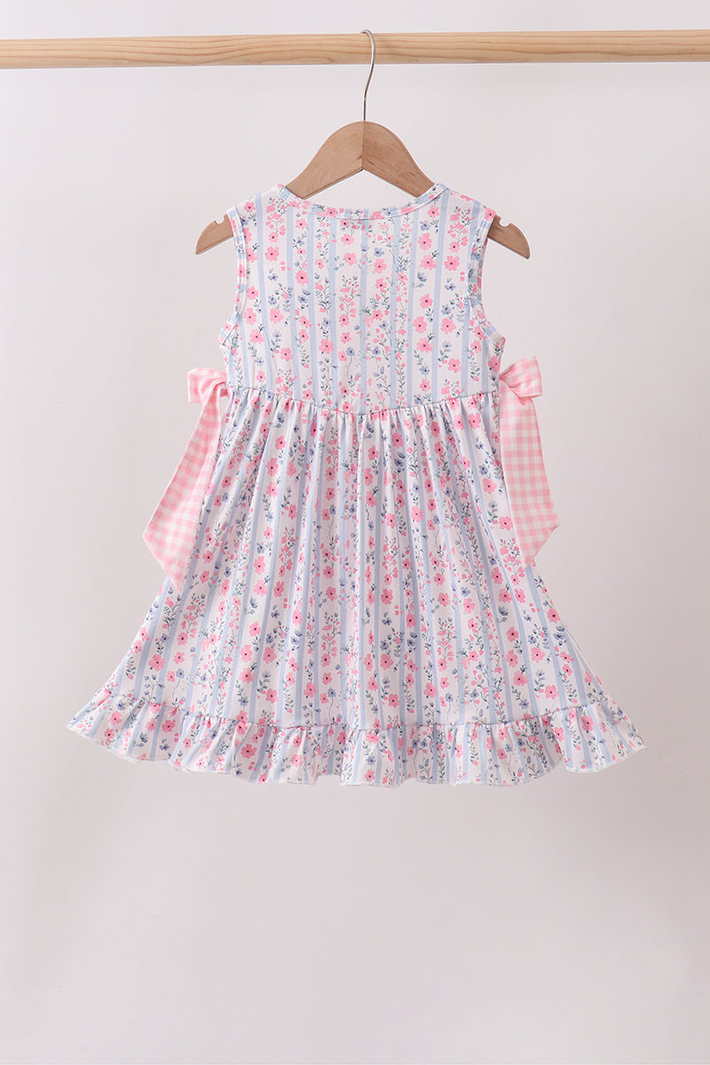 PINK FLORAL BOW APPLIQUE BOW DRESS