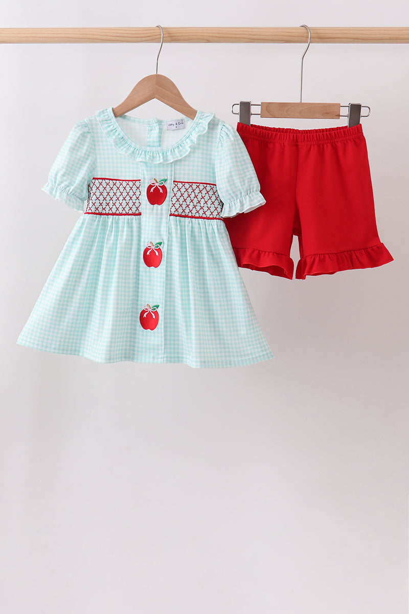 BLUE APPLE SMOCKED RUFFLE SHORTS SET
