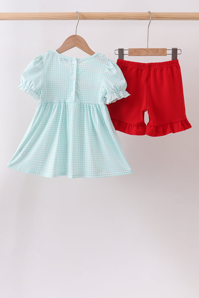 BLUE APPLE SMOCKED RUFFLE SHORTS SET