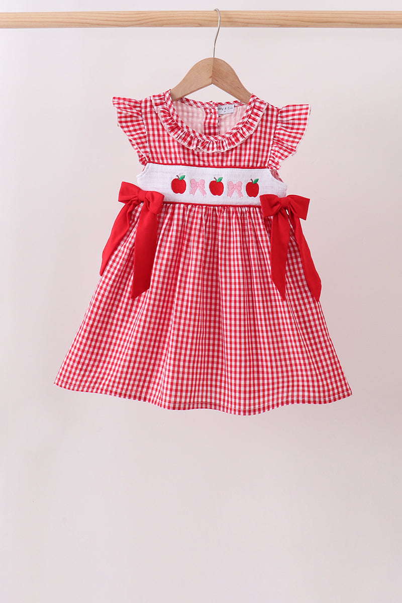 RED APPLE BOW SMOCKED GINGHAM DRESS