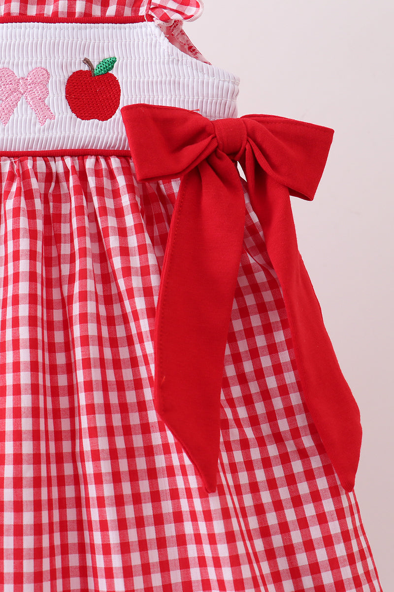 RED APPLE BOW SMOCKED GINGHAM DRESS