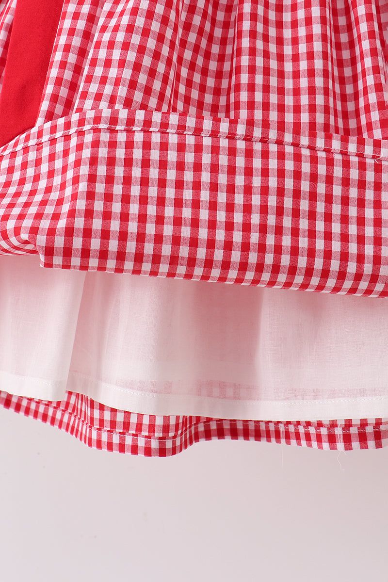 RED APPLE BOW SMOCKED GINGHAM DRESS