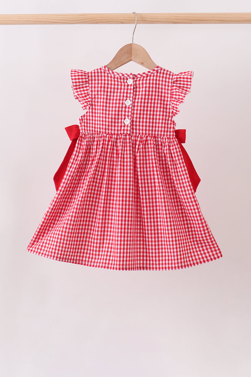 RED APPLE BOW SMOCKED GINGHAM DRESS