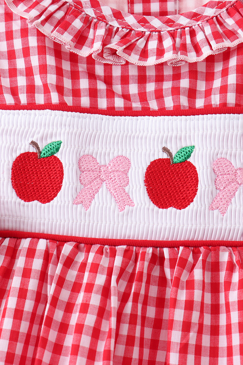 RED APPLE BOW SMOCKED GINGHAM DRESS