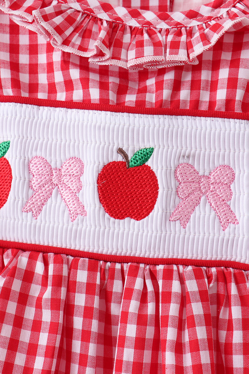 RED APPLE BOW SMOCKED GINGHAM RUFFLE SHORTS SET