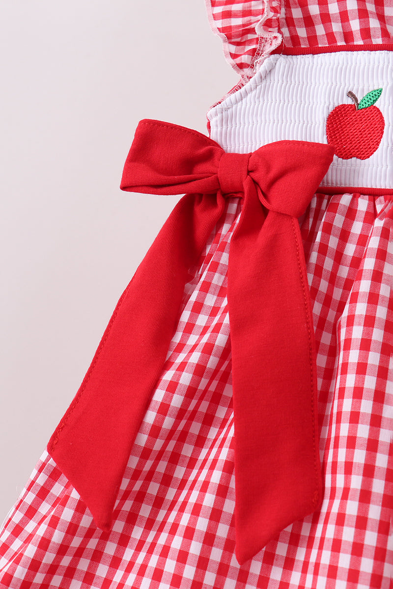 RED APPLE BOW SMOCKED GINGHAM RUFFLE SHORTS SET