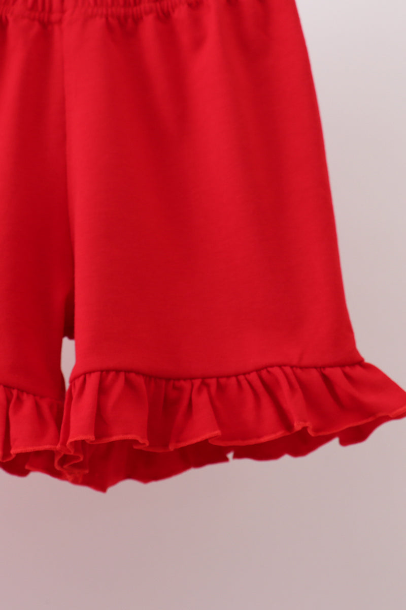 RED APPLE BOW SMOCKED GINGHAM RUFFLE SHORTS SET