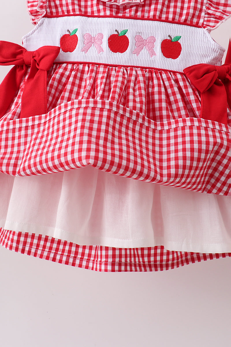RED APPLE BOW SMOCKED GINGHAM RUFFLE SHORTS SET