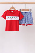 RED APPLE EMBROIDERED GINGHAM SHORTS SET