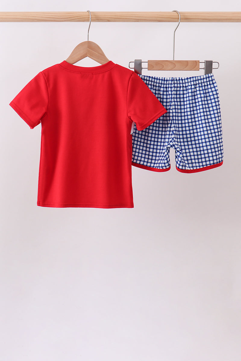 RED APPLE EMBROIDERED GINGHAM SHORTS SET