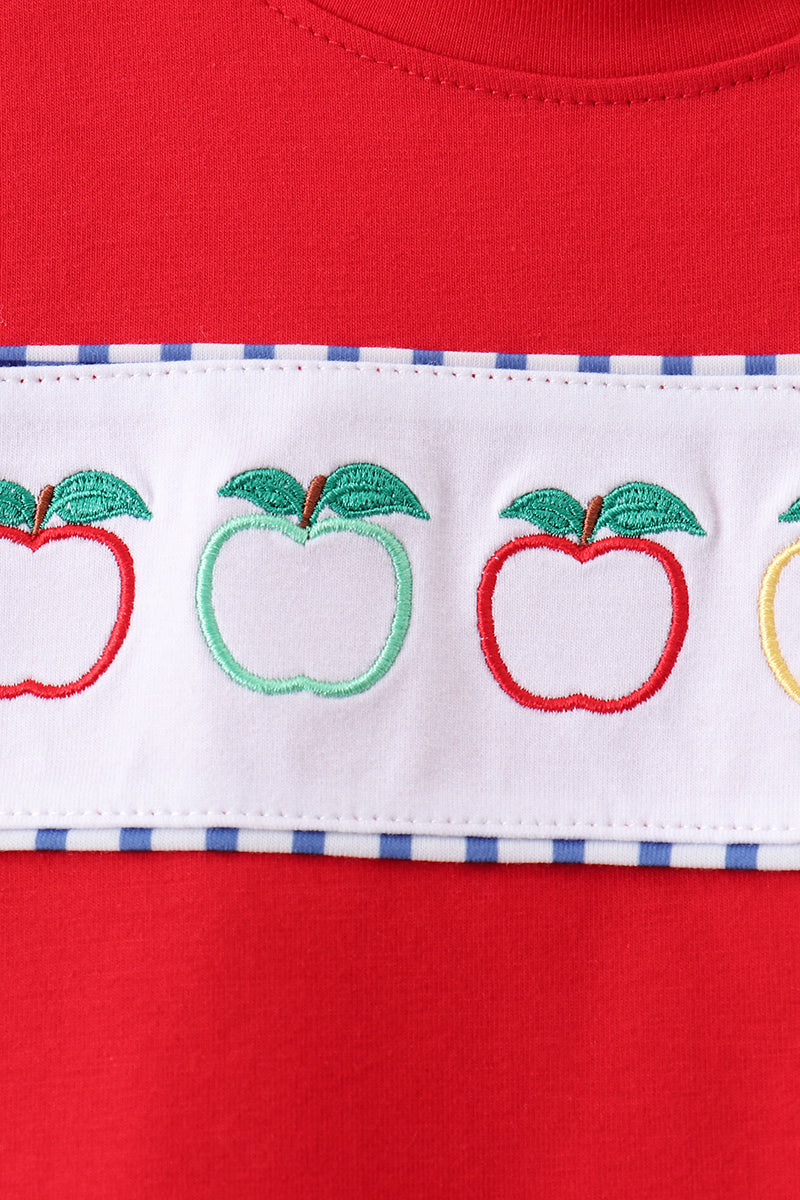 RED APPLE EMBROIDERED GINGHAM SHORTS SET