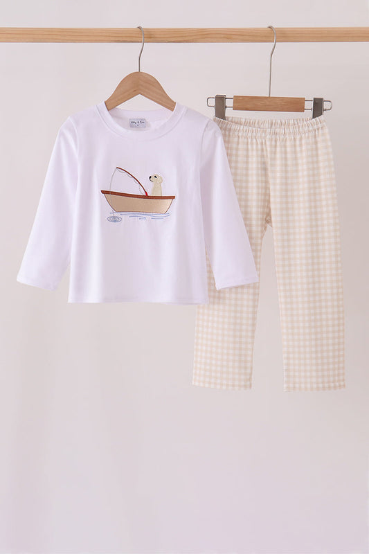 Khaki Puppy Fishing Embroidery Pants Set