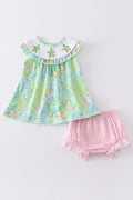 GREEN TURTLE EMBROIDERED BLOOMER SET