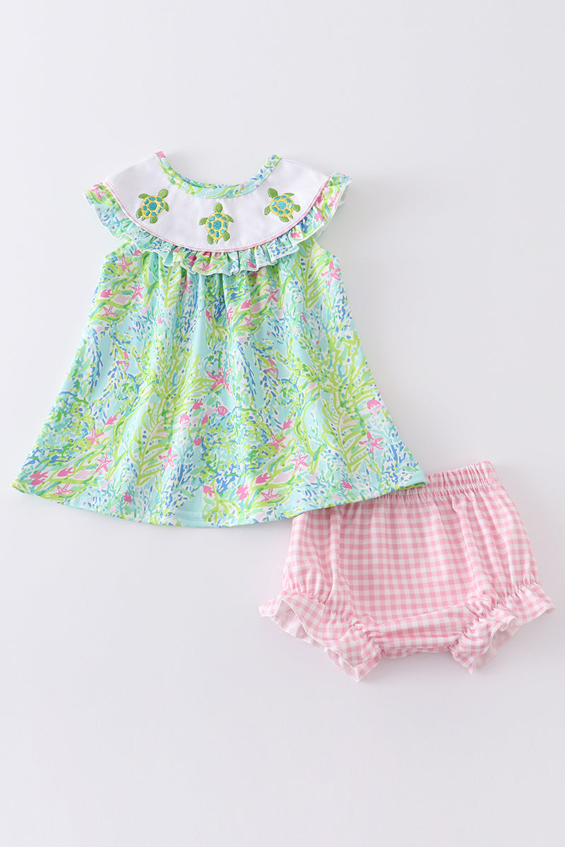 GREEN TURTLE EMBROIDERED BLOOMER SET
