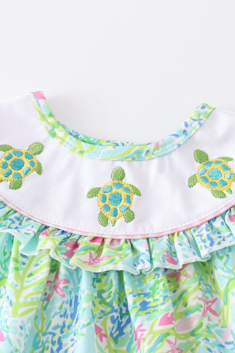 GREEN TURTLE EMBROIDERED BLOOMER SET