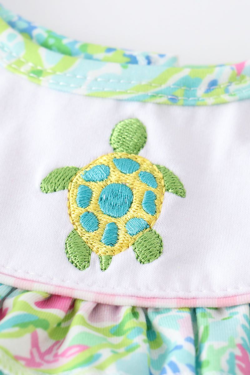 GREEN TURTLE EMBROIDERED BLOOMER SET