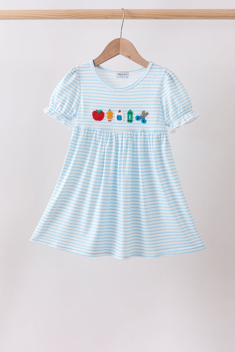 BLUE SCHOOL APPLE FRENCH KNOT DRESS