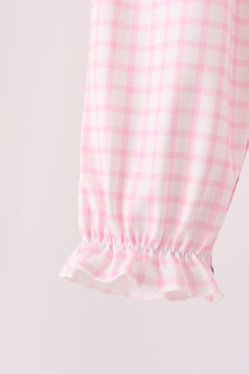 Pink Plaid Gingerbread Embroidery Ruffle Romper