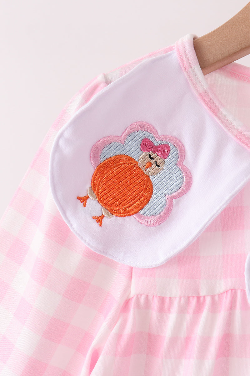 Pink Turkey Embroidery Gingham Bloomer Set