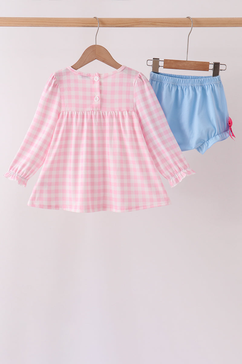 Pink Turkey Embroidery Gingham Bloomer Set