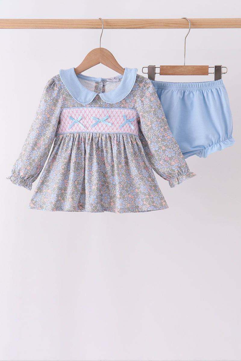Blue Floral Bow Smocked Bloomer Set