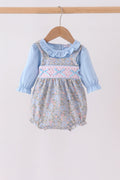 Blue Floral Bow Smocked 2pc Bubble Set