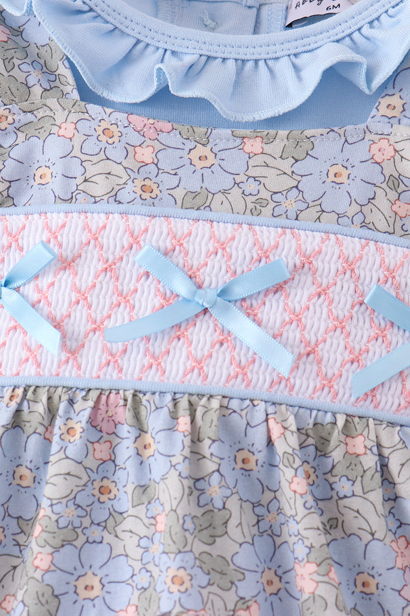Blue Floral Bow Smocked 2pc Bubble Set