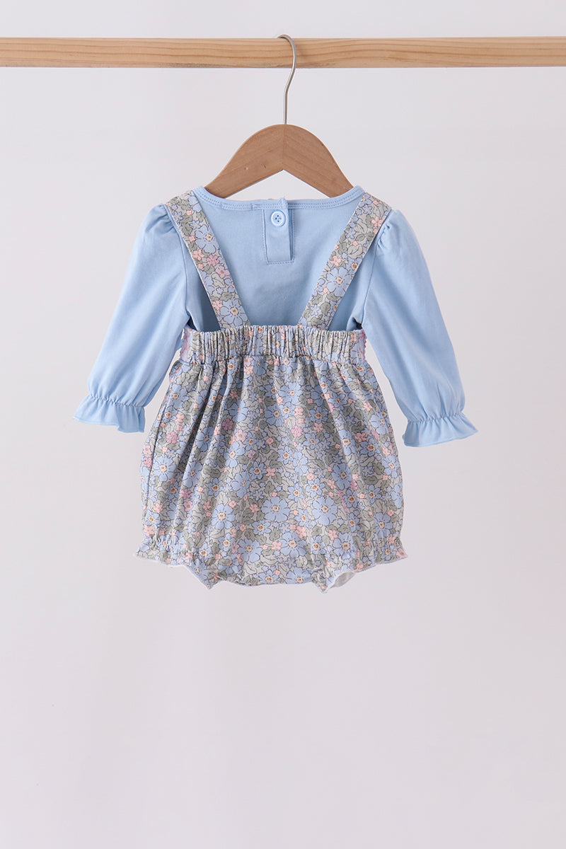Blue Floral Bow Smocked 2pc Bubble Set