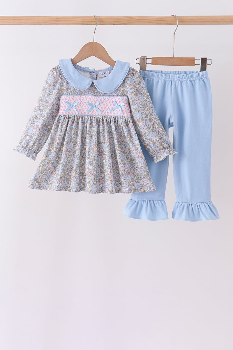 Blue Floral Bow Smocked Ruffle Pants Set