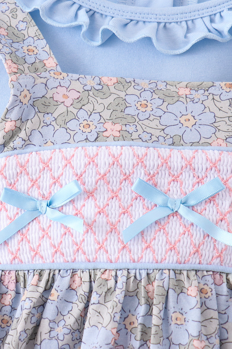 Blue Floral Bow Smocked 2pc Set