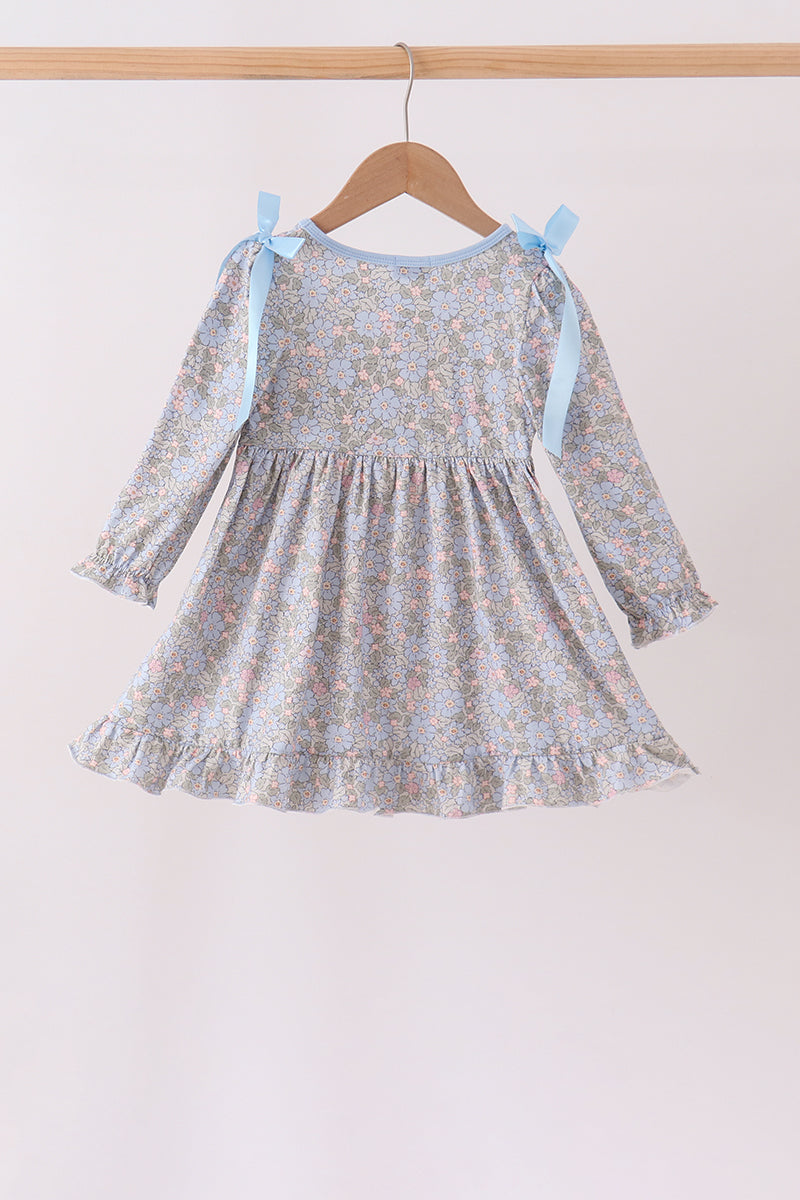 Blue Floral Bow Smocked Ruffle Dress