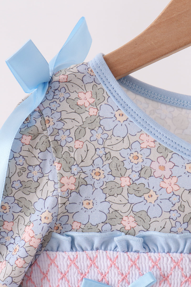Blue Floral Bow Smocked Ruffle Dress