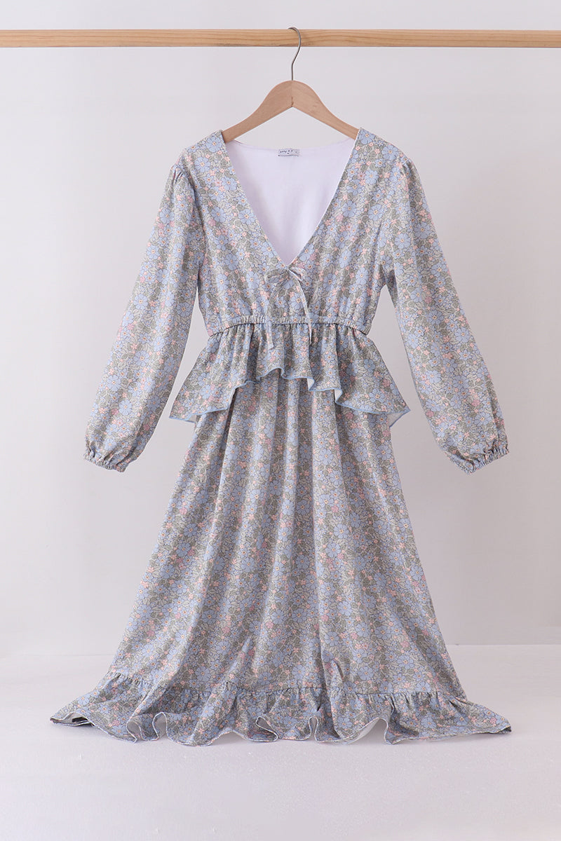 Blue Floral Ruffle Mom Dress
