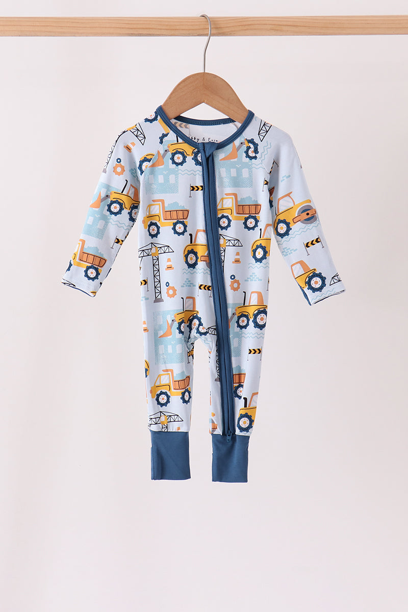 Blue Construction Trucks Zip Bamboo Romper