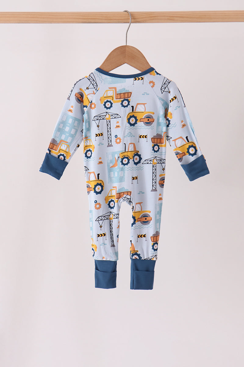 Blue Construction Trucks Zip Bamboo Romper