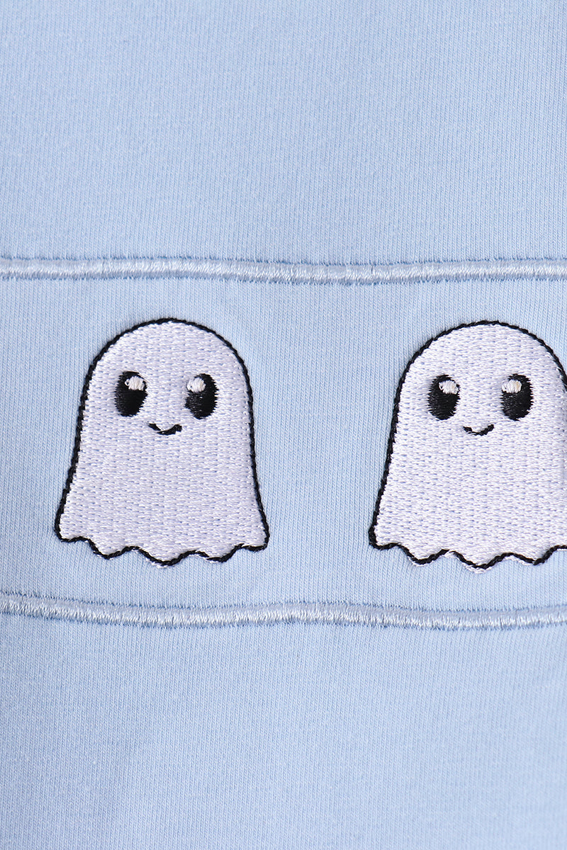 Blue ghost embroidery gingham shorts set