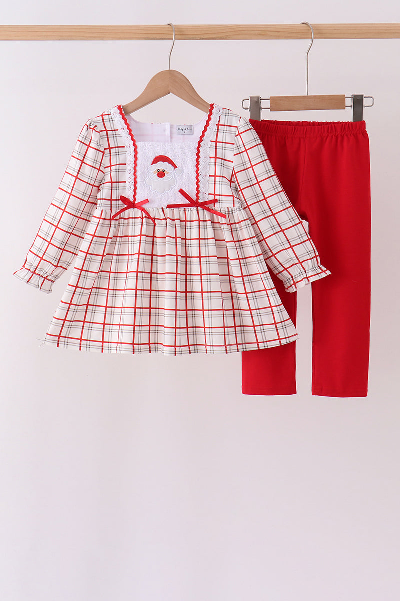Red Plaid Santa Smocked Bow Pants Set